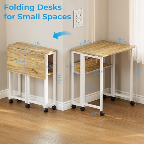 GreenForest Folding Desk Small Rolling Desk with Storage Shelf,24.8 inch Foldable Computer Desk with Wheels for Small Spac...