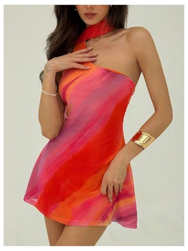 MakeMeChic Women's Summer Y2k Mini Dress Backless Vacation Dress One Shoulder Mesh Dress with Scarf