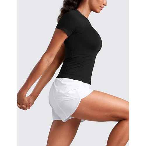 CRZ YOGA Seamless Workout Tops for Women Waist - Running Gym Athletic Yoga Short Sleeve Shirts Breathable Basic Crewneck