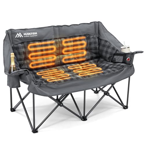 Huskfirm Heated Double Camping Chair, Oversized Camping Loveseat with 4 Heating Zones and 3 Temperature Settings, Portable...