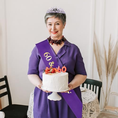 CIEHER 60th Birthday Crown and Sash - Purple 60th Decorations Women's 60 & Fabulous Sash