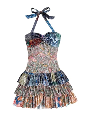 WDIRARA Women's Paisley Floral Boho Ruffle Layered Halter Dress Twist Front Tie Backless A Line Mini Dresses
