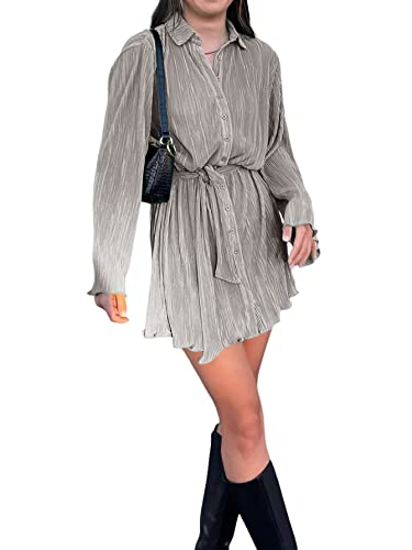 LYANER Women's Collar V Neck Button Down Pleated Long Sleeve Mini Shirt Dress with Belt