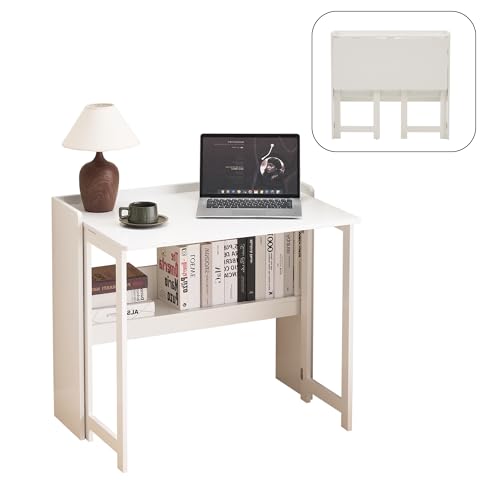 cayglow Foldable Desk，Folding Table with Storage Shelf,32.6 Inch Fold Out Computer Desk for Small Spaces,Writing Desk for ...