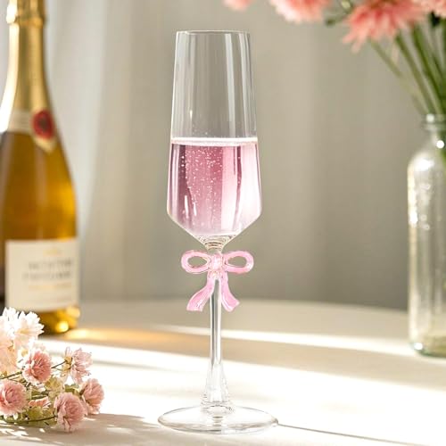 LAUDEE Champagne Glasses Set of 2, 8oz Elegant Crystal Stemmed Champagne Flutes with Pink Bow for Prosecco, Sparkling Win...
