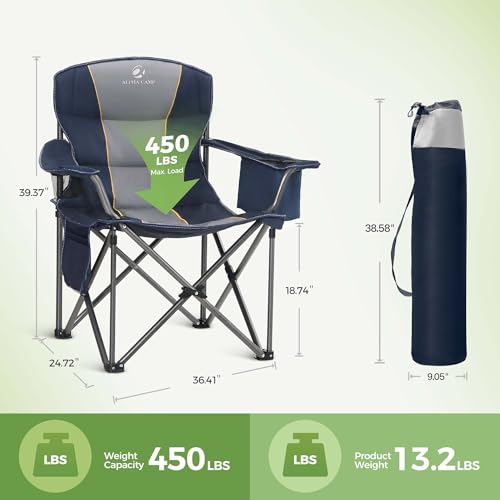 LET'S CAMP Folding Camping Chair Oversized Heavy Duty Padded Outdoor Chair with Cup Holder Storage and Cooler Bag, 450 LBS...