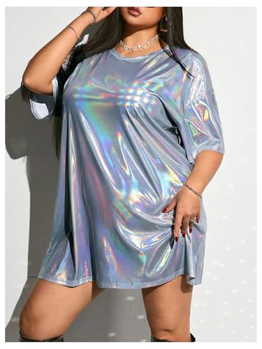 Floerns Women's Plus Size Metallic T Shirt Dress Streetwear Half Sleeve Tunic Short Dresses