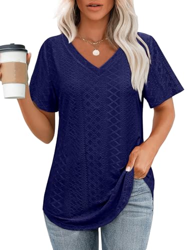 OFEEFAN Womens T Shirts V Neck Short Sleeve Casual Tops Loose Fit Basic Tees with Curved Hem