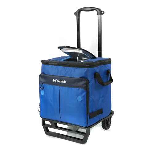 Columbia Crater Peak Wheeled Cooler - 50 Can Rolling Cooler - Blue Collapsible Cooler with Super Foam Insulation and Foldable All-Terrain Cart with Wheels