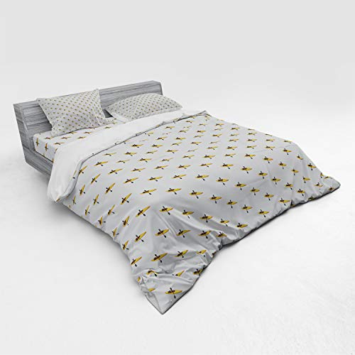 Lunarable Kayak Duvet Cover Set, Pattern with Kayaks and Paddles Cartoon Style Extreme Sports Outdoors, 4 Piece Bedding Se...