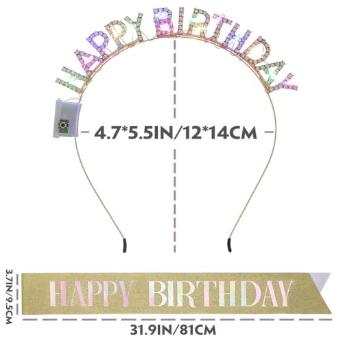 Aceorna Light Up Birthday Headband LED Gold Rhinestone Happy Birthday Crown and Sash Glitter Accessory Set for Women