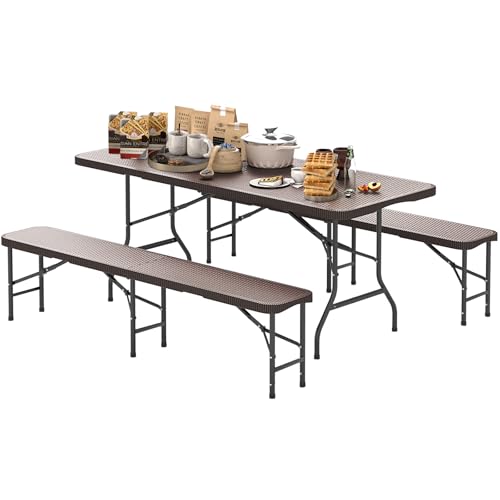 Goplus 6 FT 3-Piece Portable Picnic Table Bench Set, HDPE Rattan-Like Plastic Folding Picnic Tables with Benches, Foldable...