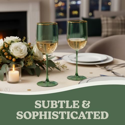 Blue Sky Green Plastic Wine Glasses With Gold Rim - 12oz (5-Pack) Reusable, Disposable Cups for Parties and Events