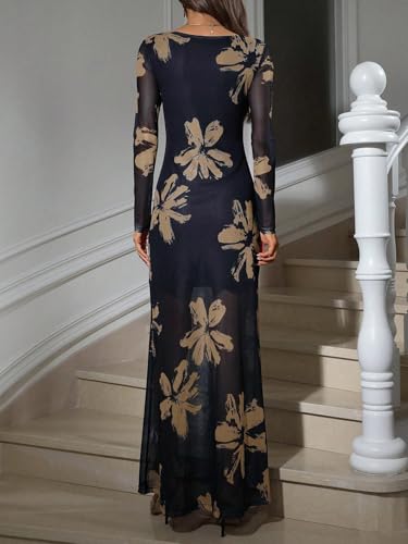 Verdusa Women's Floral Mesh Maxi Dresses Elegant Formal Long Sleeve Spring Wedding Guest Dress Cocktail