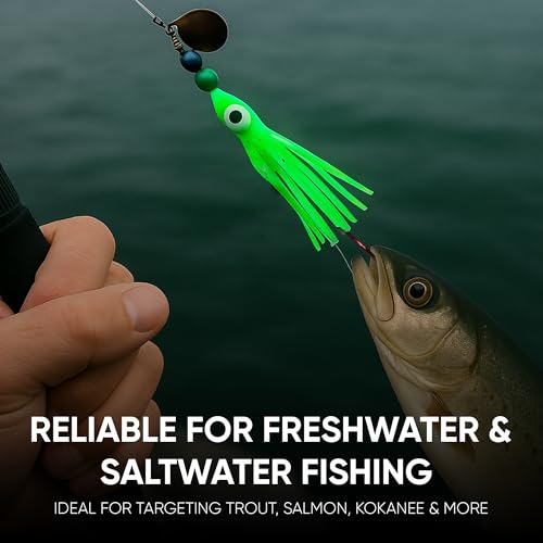 KOKOPROS Squid Fishing Hoochies 10 Pack -Glow Fresh Water Kokanee Salmon Trolling Lures with Pre-Rigged Octopus Hooks - Sp...