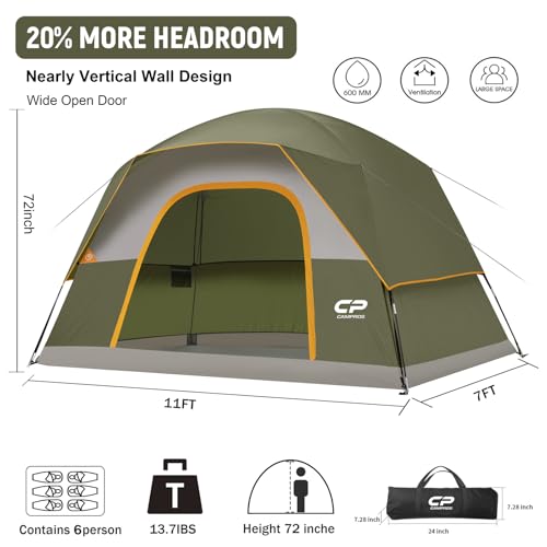 CAMPROS CP Tents for Camping 6 Person Tent Waterproof Windproof Double Layer Family Camping Tent, Easy Setup Dome Tent wit...