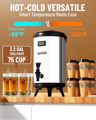 WantJoin Insulated Beverage Dispenser-75 Cup Hot&Cold water Urn for Catering-Stainless Steel Premium 12 L/3.2 Gallon Hot D...