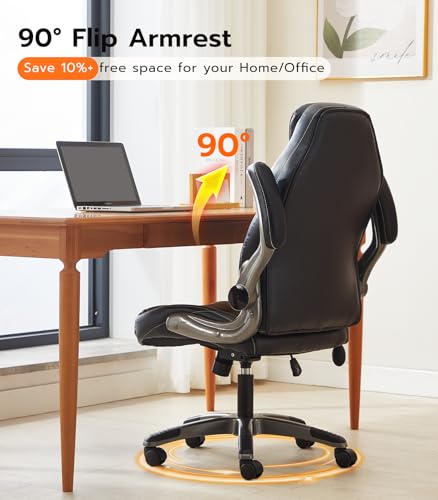 Office Desk Chair, Ergonomic Computer Chair with Padded Flip-Up Arms and Adjustable Lumbar Support, PU Leather Executive C...