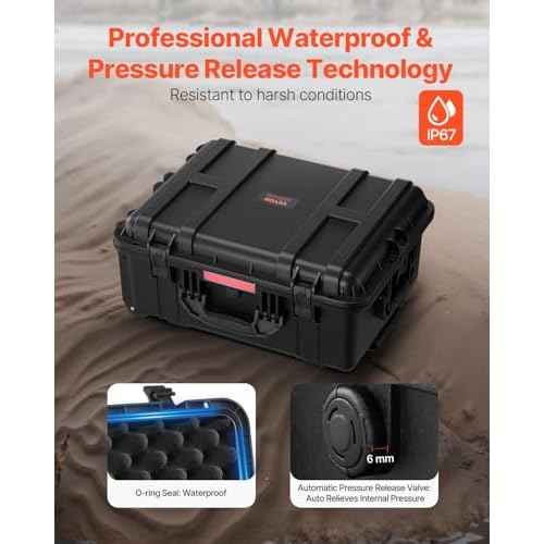 VEVOR Weatherproof Hard Case, Heavy Duty Protective Dry Box with Pre-Cut Foam, Wheels & Retractable Pull Handles for Travel, Hunt, Military, Tactical, IP67 Waterproof Case for Cameras(57x45x28)