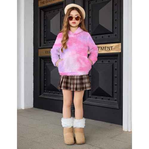 Arshiner Girls Fuzzy Fleece Hoodies Casual Sweatshirt Sherpa Pullover with Kangaroo Pockets