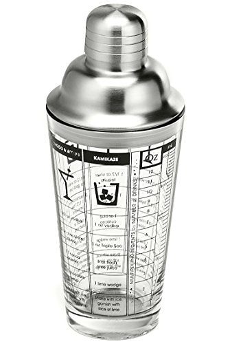 Outset Bartending Tool, Glass Cocktail Shaker With Measurements and Drink Recipes, 12oz, Stainless Steel Strainer lid