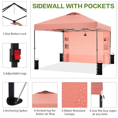 Tunbne 10'x10' Pop Up Canopy Tent with 1 Sidewall and 6 Pockets, One Push Setup, Instant Shade Tent with Vented Roof for B...