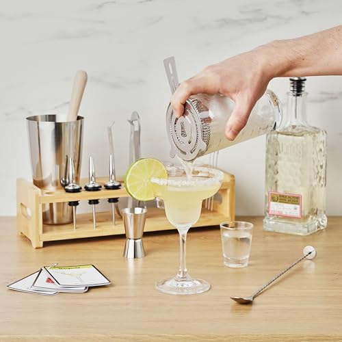 True 20-Piece Cocktail Shaker Bar Set with Wooden Stand Includes Boston Shaker, Mixing Glass, Muddler, Jigger, Strainer, B...