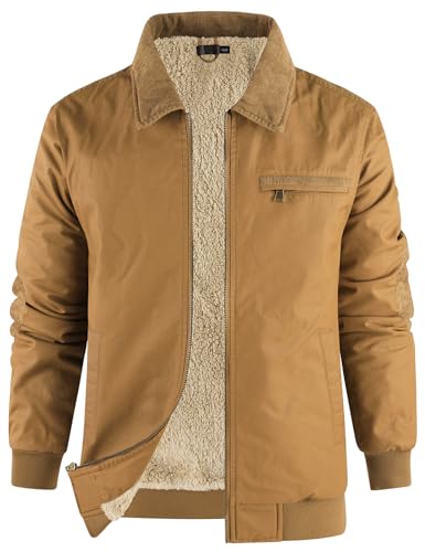 Flygo Mens Sherpa Lined Detroit Jacket Winter Warm Fleece Coat Waxed Washed Canvas Rugged Waterproof Jackets
