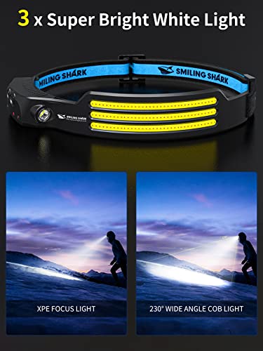 Smiling Shark LED Headlamp, 230°Wide Angle 3*White Light Strips The Brightest Head Lamp Rechargeable with Motion Sensor Wa...
