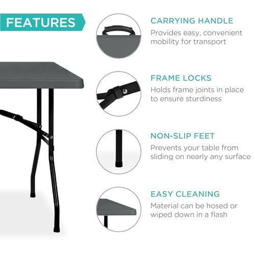Best Choice Products 6ft Plastic Folding Table, Indoor Outdoor Heavy Duty Portable w/Handle, Lock for Picnic, Party, Campi...