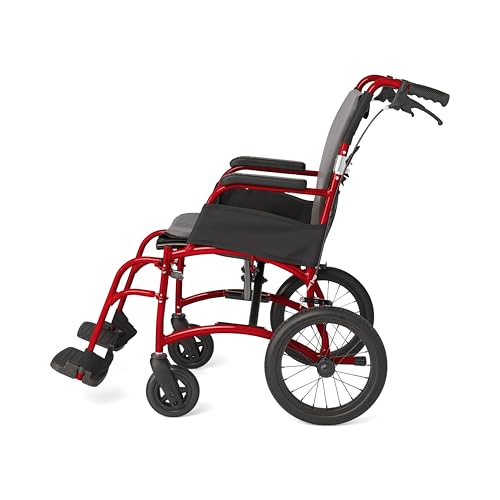 Medline Ultralight Transport Chair, Lightweight Folding Wheelchair with 12 in Rear Wheels, Padded Armrests, Swing Away Foo...
