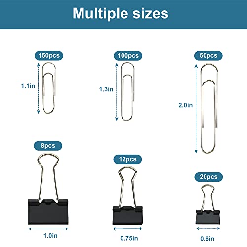Assorted Size Binder Clips & Jumbo Paper Clips Set - 340pcs Black, Large for Office & School Supplies, in Container with C...