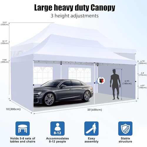 COBIZI Canopy 10x20 Pop Up Tent with Sidewalls, Waterproof Commercial Canopy Ez Outdoor Instant Gazebo UV Protection 50+ E...