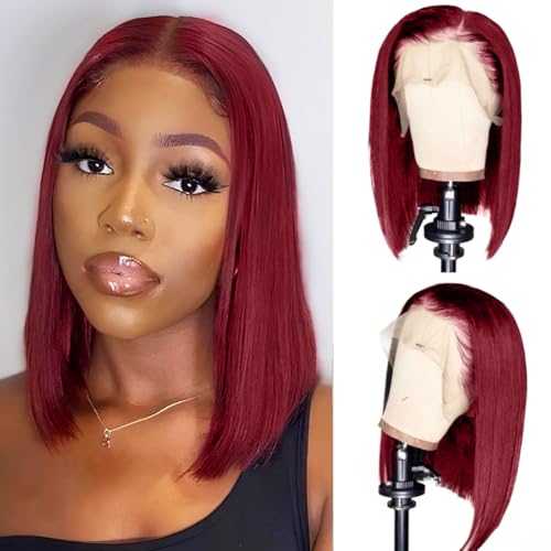 LICHANG 99J Burgundy Bob Wig Human Hair 200 Density 13x4 HD Transparent Straight Lace Front Wigs Human Hair Short Bob Wig Pre Plucked With Baby Hair Natural Hairline Glueless Wig Wine Red 12 Inch