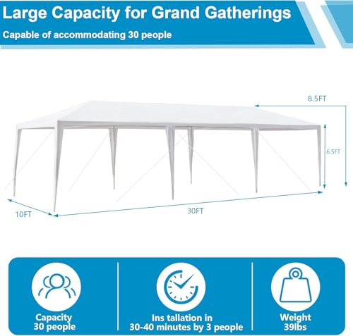 Nyckolas White 10x30 Outdoor Canopy Tent for Party,8 Removable Sidewalls with Windows,Sunshade & Waterproof,Heavy Duty Met...