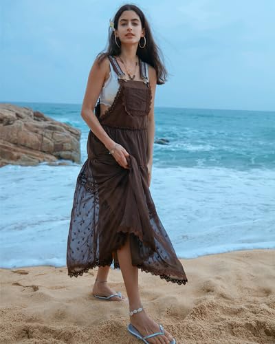 Gacaky Summer Dress for Women Casual Floral Embroidered Bohemian Dress Adjustable Straps Bib Maxi Flowy Dresses with Pockets