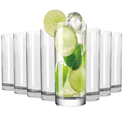 Wlasss Drinking Glasses Set of 8, 16oz Glass Cups, Kitchen Highball Glasses for Beer, Juice and Cocktail, Collins Water Gl...