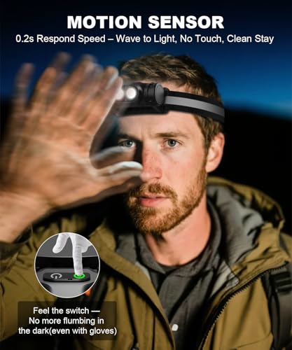 Spriak Rechargeable Headlamp 3PCS, High Lumens Bright Head Lamp Led with Motion Sensor, 4 Modes, Magnet, Detachable Flashl...
