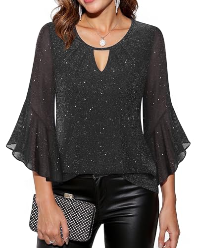VALOLIA Womens Sparkly Tops Dressy Ruffle 3/4 Sleeve Blouses Glitter Cocktail Party Evening Shirts