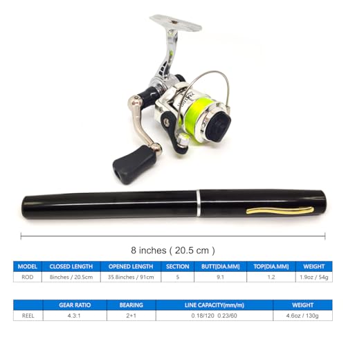 Portable Small Pen Fishing Rod and All Metal Spinning Reel Combo, 38inches Pocket Mini Telescopic Fishing Pole Kit for Riv...