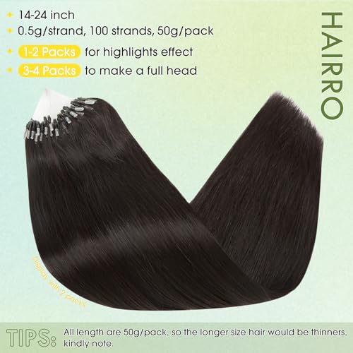 Hairro Microlinks Hair Extensions Human Hair Micro Loop Hairpieces Easy Pre Bonded Cold Fusion Keratin Stick Micro Bead Hair Extension For Women 24 inch 50g 100 Strands #1B Natural Black