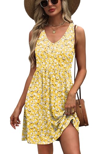 WIHOLL Women's Summer Casual V Neck Sleeveless Tank Dress Pleated A-Line Beach Mini Sundresses Cover Up with Pockets