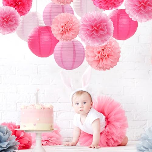 Light-Hot Pink Party-Decorations Paper-Flowers Lanterns - 15pcs Graduation Girl Birthday Decor Tissue Pom Poms Streamers, ...
