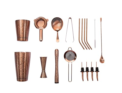 Sky Fish 3D Etched 18-Piece Bartender Kit Stainless Steel Boston Cocktail Shaker Set Copper Plated Bartending Tools Suit f...
