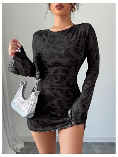 MakeMeChic Women's Floral Print Long Sleeve Mini Dress Mesh Backless Y2k Going Out Dresses