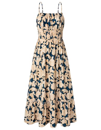 GRACE KARIN Summer Dresses for Women 2026 Vacation, Smocked Floral Maxi Dresses, Boho Beach Long Sundresses with Pockets