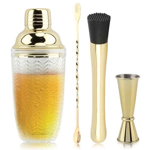Gold Cocktail Shaker Set with Measuring Jigger, Mixing Spoon & Muddler – Home Bar Accessories for Cocktails & Protein Shak...