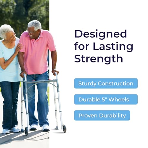 Drive Medical Two-Button Folding Walker w/ Wheels - Lightweight Rolling Mobility Support - Desk Arms - Adjustable Height -...
