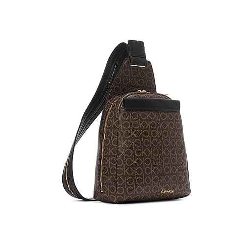 Calvin Klein Women's Millie Backpack for Women ? Vegan Leather Monogram Backpack, 2 Pockets, Brown/Khaki/Black, One Size