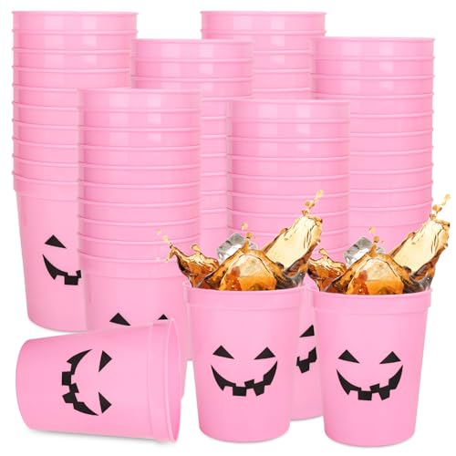 JarThenaAMCS 24 Pcs Halloween Pumpkin Plastic Cups Pink Funny Pumpkin Face Reusable Cups Trick or Treat Party Drinkware Su...